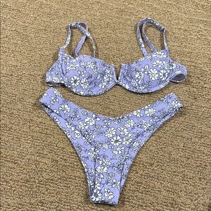 Zaful Floral balconette Bikini Set in Purple and White